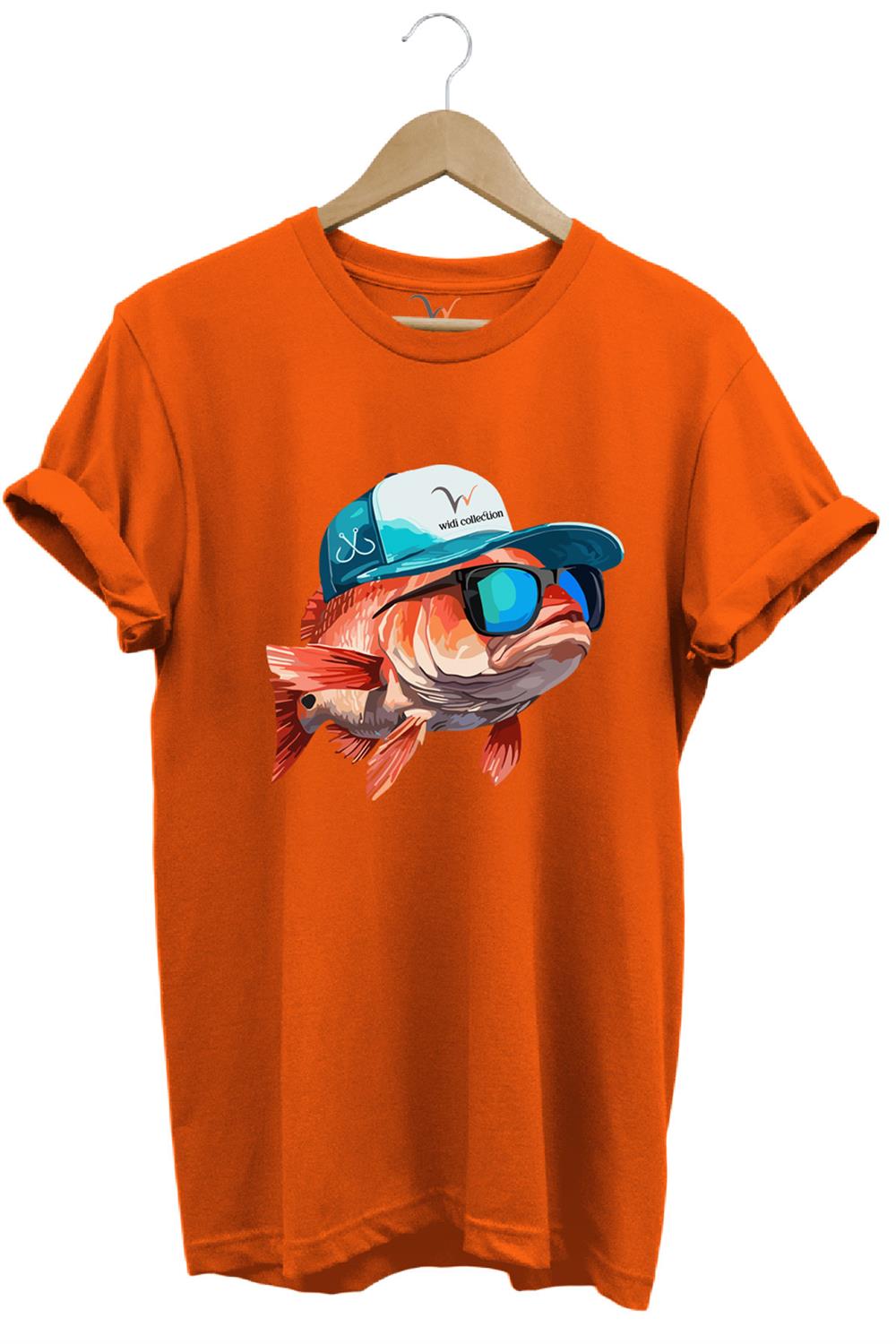 Avcılık Fishing Balık Avcılığı Şapkalı Komik Balık Tasarımı Baskılı Regular Fit %100 Pamuk Tişört - Turuncu