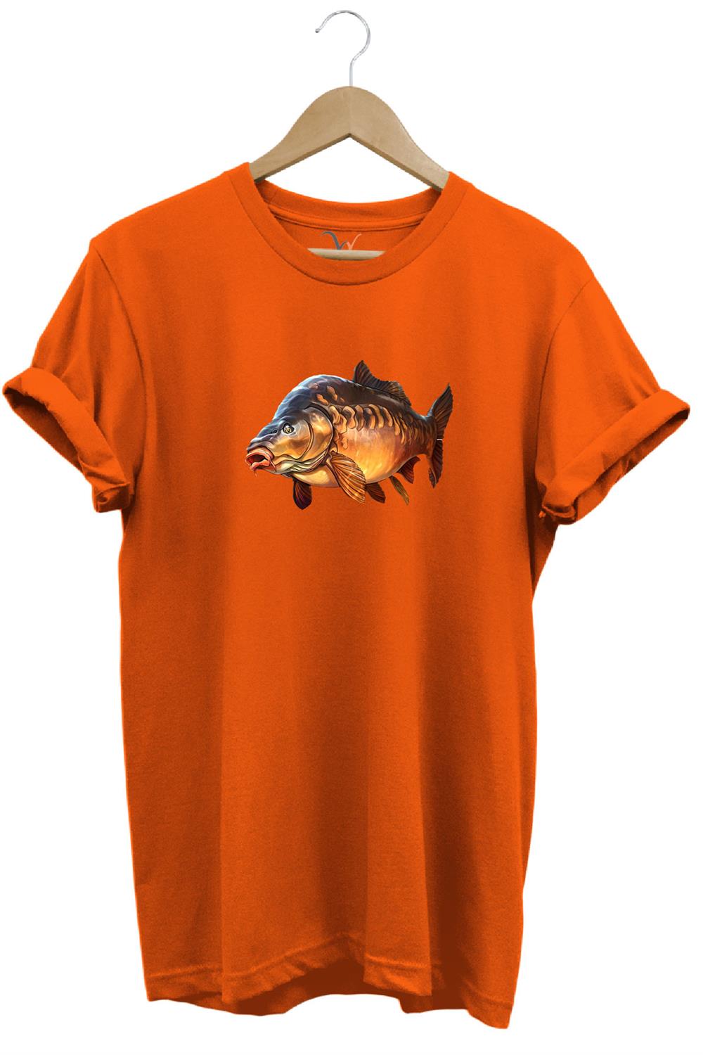 Avcılık Fishing Deniz Göl Sazan Balığı Baskılı Renkli %100 Pamuk Regular Fit Bisiklet Yaka T-Shirt - Turuncu