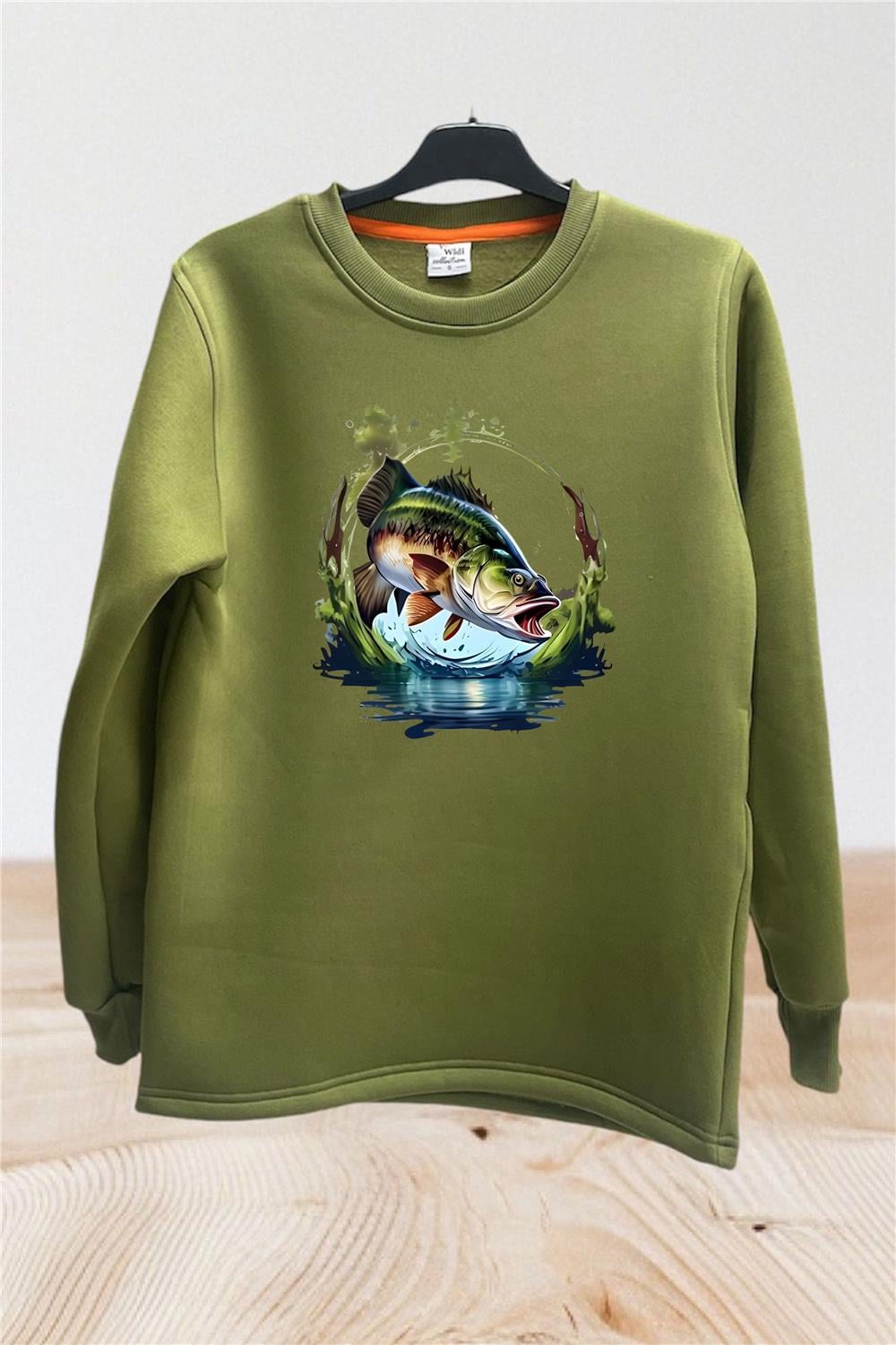 Avcılık Fishing Levrek Balıkçılığı Baskılı Regular Fit %100 Pamuk Bisiklet Yaka Sweatshirt - Haki