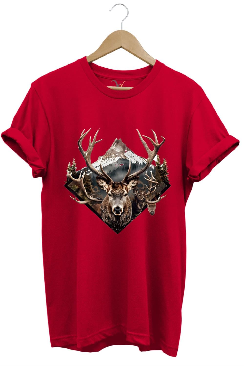 Avcılık Geyik Avı Dağ Doğa Baskılı Minimal Regular Fit %100 Pamuk T-Shirt - Kırmızı