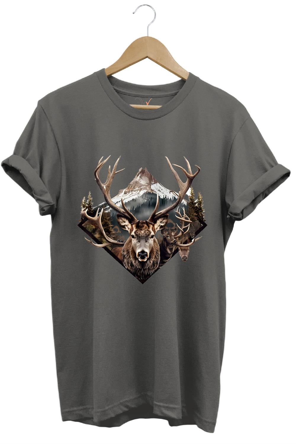 Avcılık Geyik Avı Dağ Doğa Baskılı Minimal Regular Fit %100 Pamuk T-Shirt - Antrasit