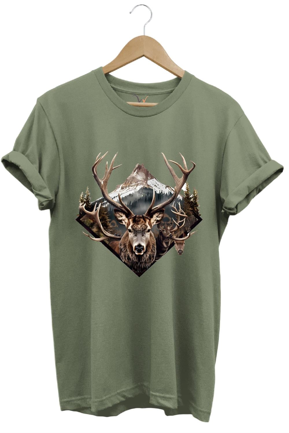 Avcılık Geyik Avı Dağ Doğa Baskılı Minimal Regular Fit %100 Pamuk T-Shirt - Haki