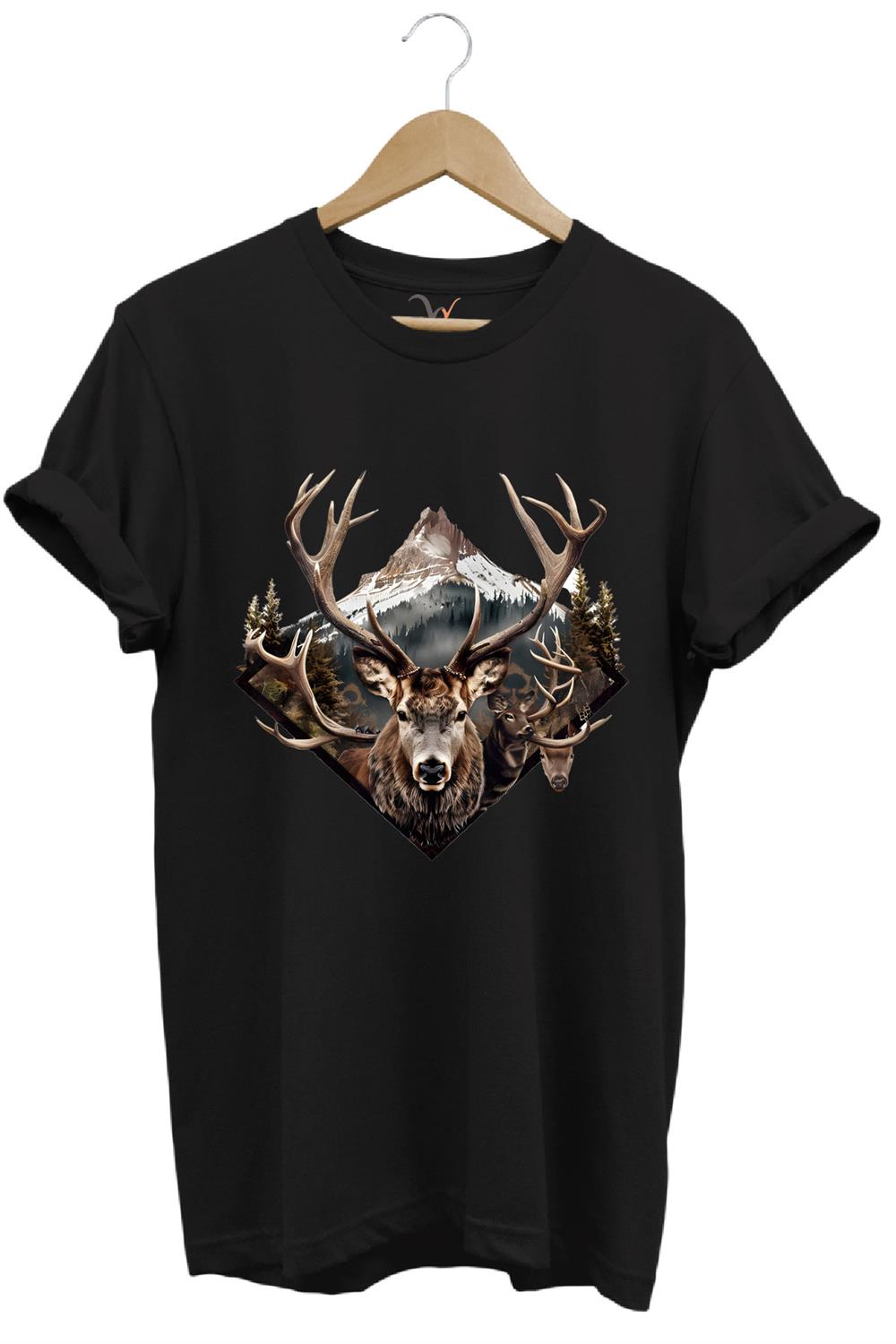 Avcılık Geyik Avı Dağ Doğa Baskılı Minimal Regular Fit %100 Pamuk T-Shirt - Siyah
