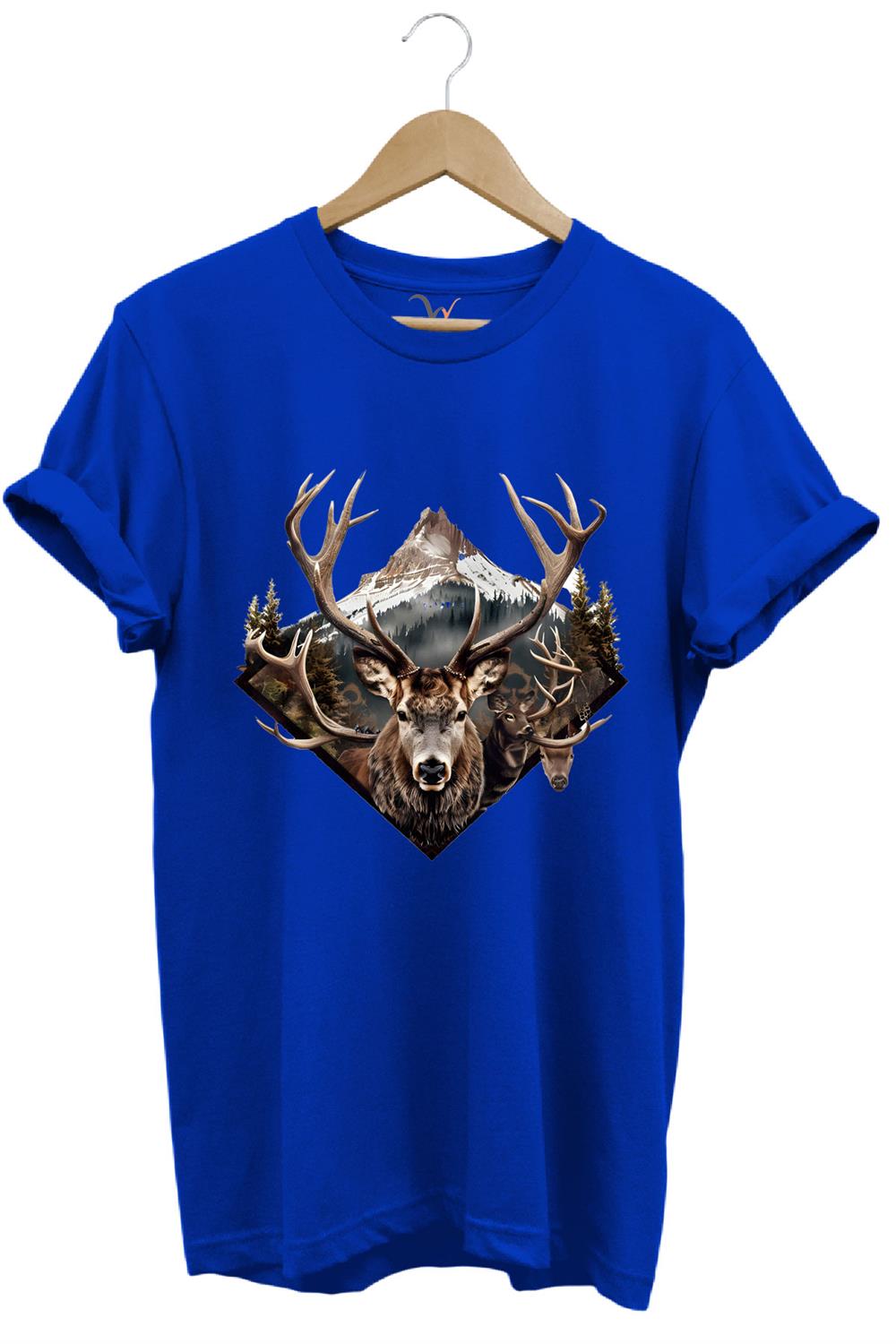 Avcılık Geyik Avı Dağ Doğa Baskılı Minimal Regular Fit %100 Pamuk T-Shirt - Mavi