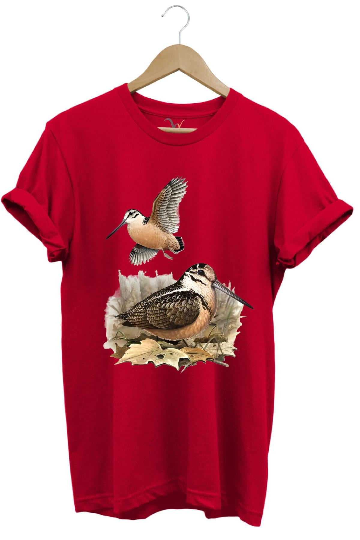 Avcılık Hunter Çulluk Avcılığı Baskılı %100 Pamuk Regular Fit T-Shirt - Kırmızı