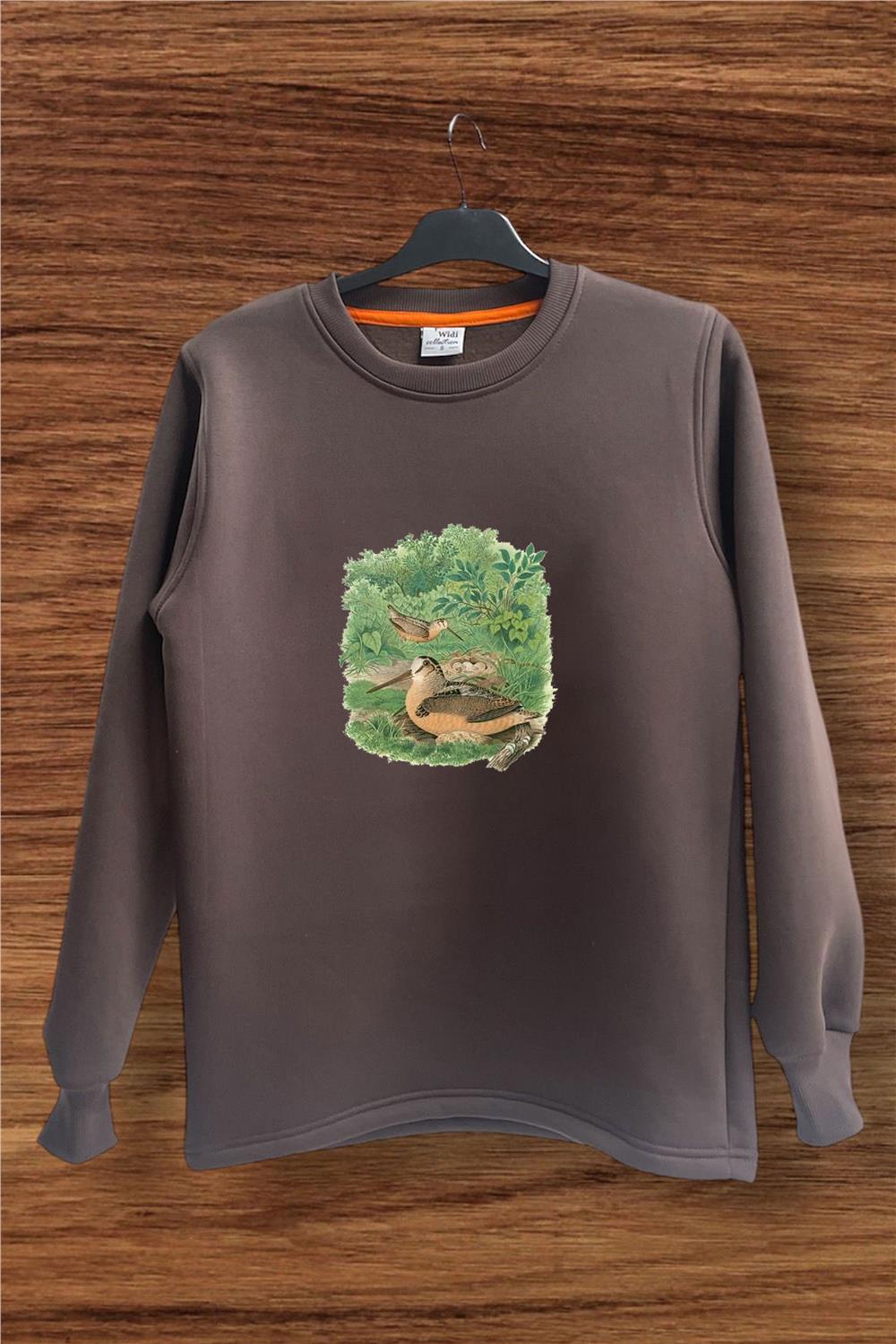 Avcılık Hunter Çulluk Kuşu Baskılı Vahşi Yaşam %100 Pamuk Bisiklet Yaka Sweatshirt - Kahverengi