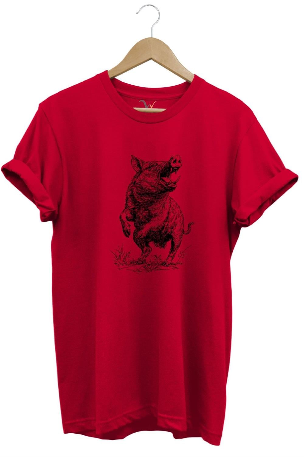 Avcılık Hunter Domuz Avcılığı Baskılı %100 Pamuk Regular Fit Unisex T-Shirt - Kırmızı