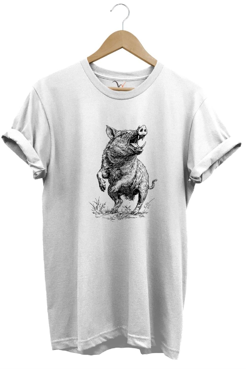 Avcılık Hunter Domuz Avcılığı Baskılı %100 Pamuk Regular Fit Unisex T-Shirt - Beyaz