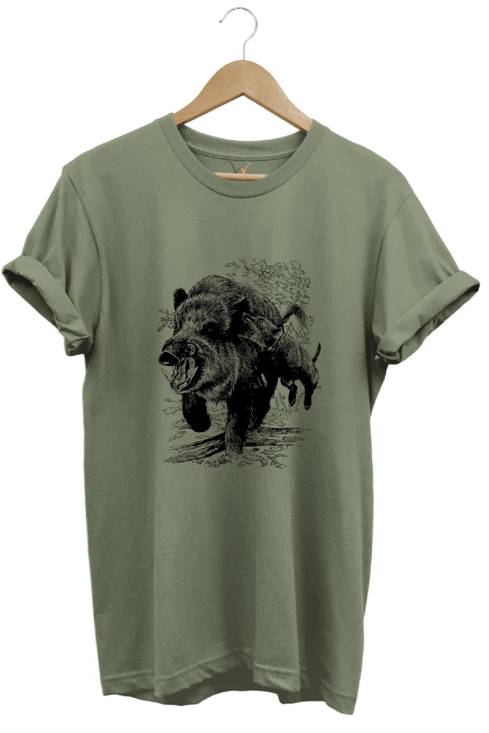Avcılık Hunter Domuz Avcılığı Tasarımlı %100 Pamuk Regular Fit T-Shirt - Haki