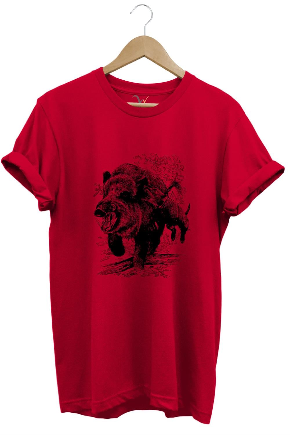 Avcılık Hunter Domuz Avcılığı Tasarımlı %100 Pamuk Regular Fit T-Shirt - Kırmızı