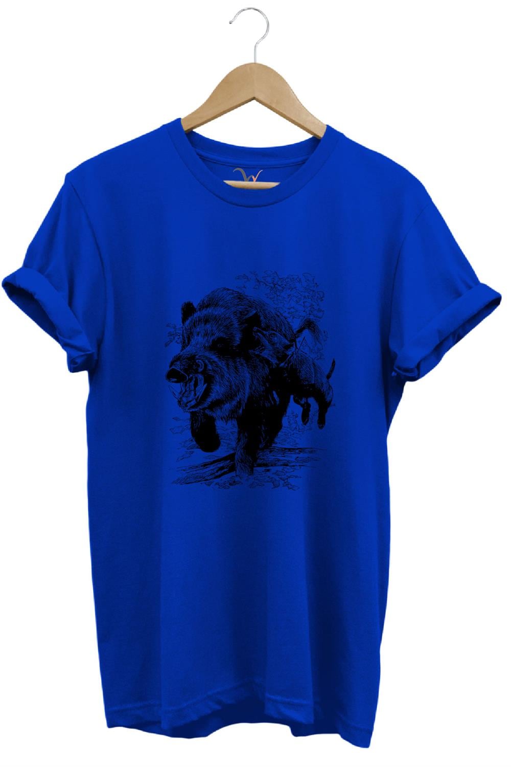 Avcılık Hunter Domuz Avcılığı Tasarımlı %100 Pamuk Regular Fit T-Shirt - Mavi
