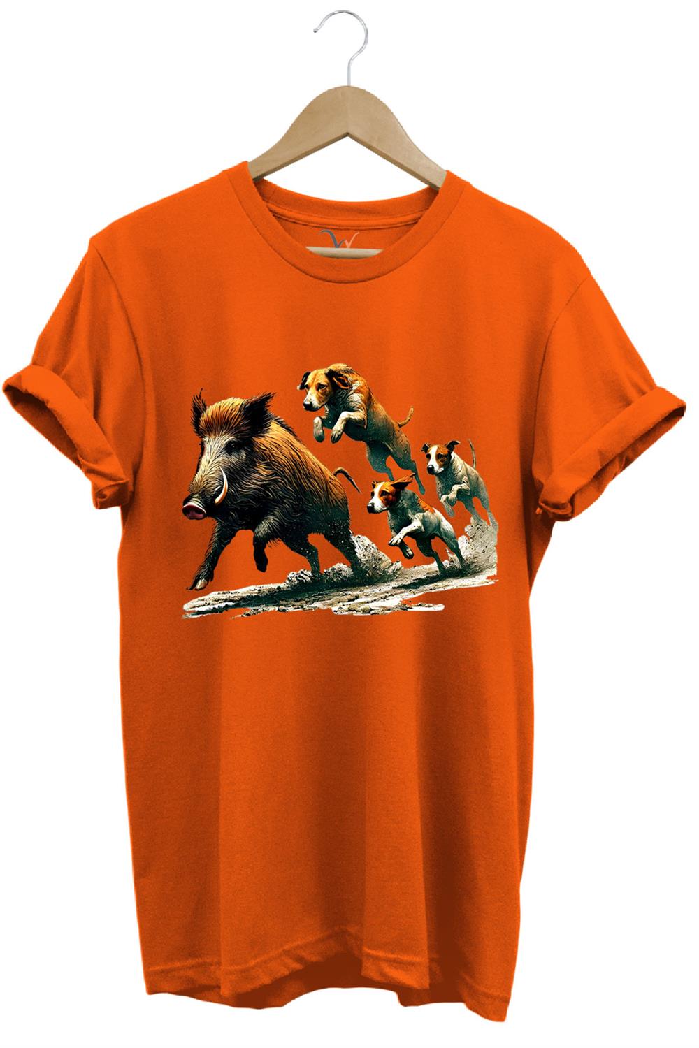 Avcılık Hunter Domuz Avı Ve Av Köpekleri Baskılı Regular Fit %100 Pamuk T-Shirt - Turuncu