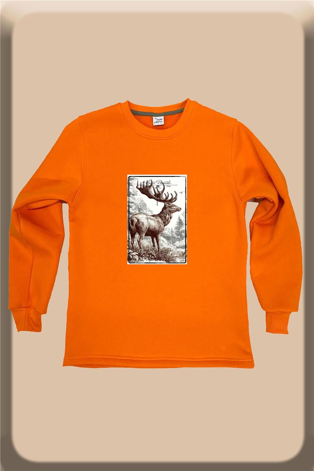 Avcılık Hunter Geyik Avı Poster Baskılı Pamuklu Regular Fit Bisiklet Yaka Sweatshirt - Turuncu