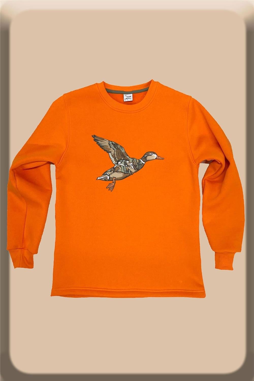 Avcılık Hunter Kamuflaj Desen Ördek Baskılı Regular Fit %100 Pamuk Bisiklet Yaka Sweatshirt - Turuncu
