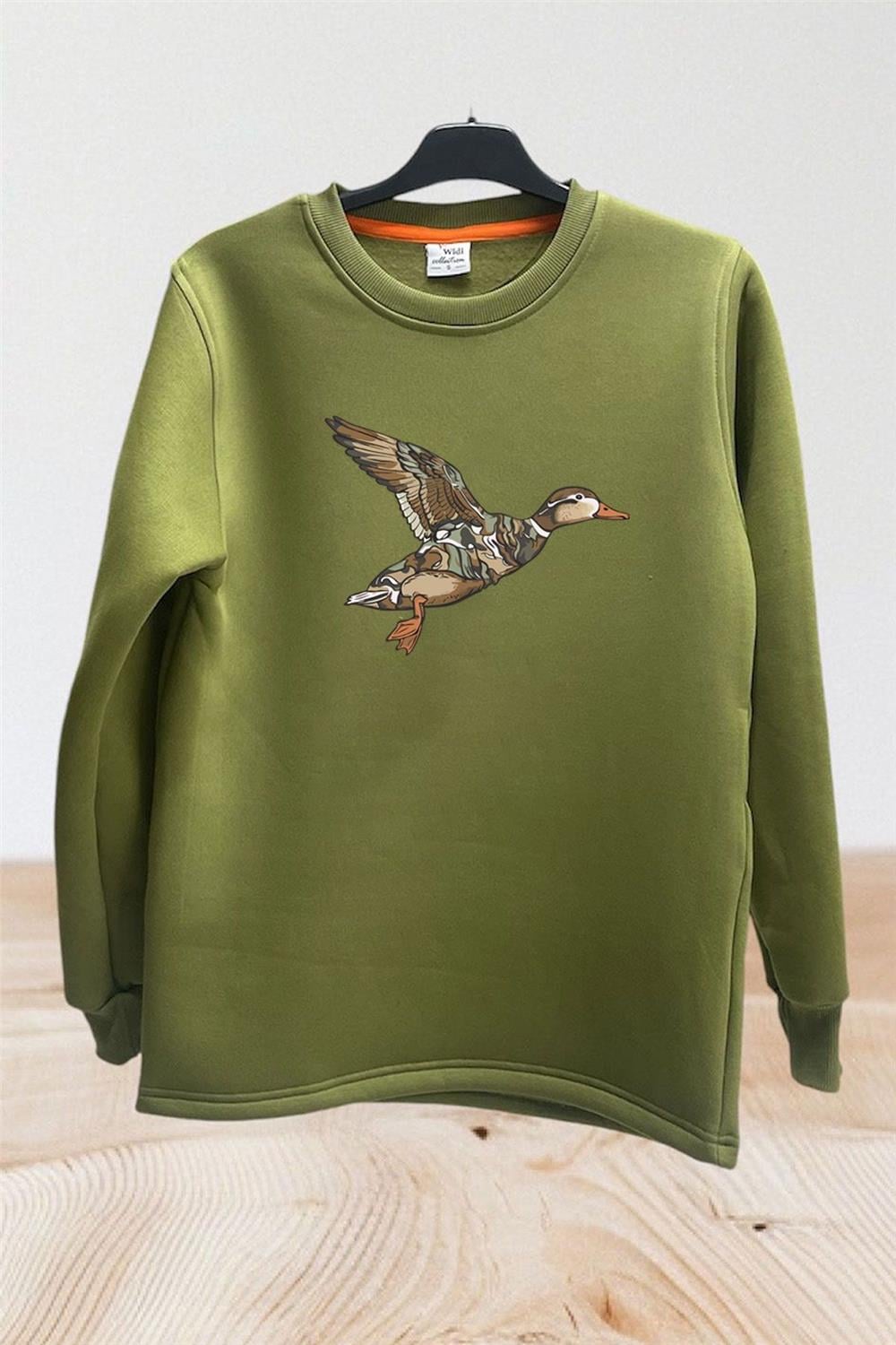 Avcılık Hunter Kamuflaj Desen Ördek Baskılı Regular Fit %100 Pamuk Bisiklet Yaka Sweatshirt - Haki