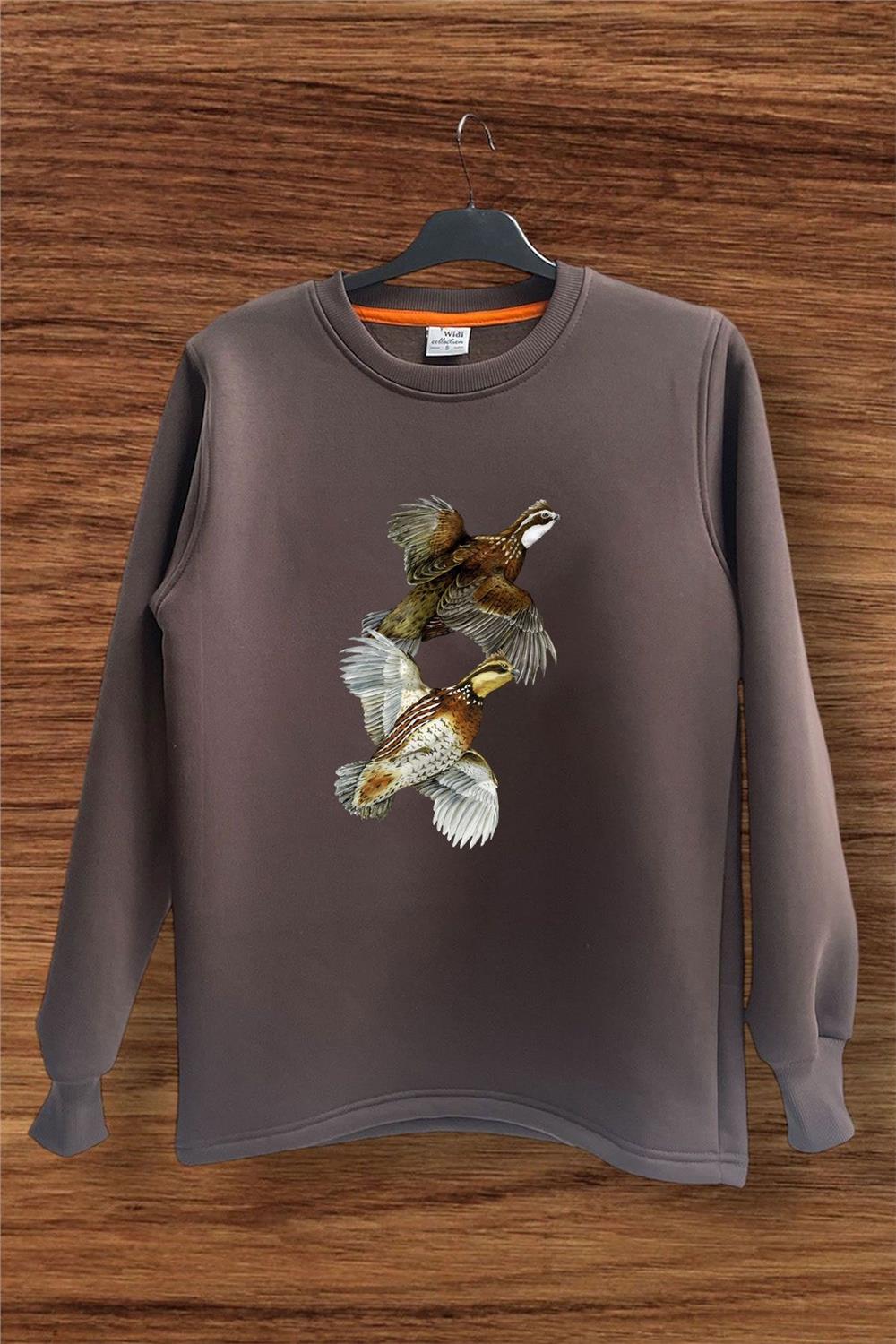 Avcılık Hunter Keklik Kuşları Baskılı Regular Fit %100 Pamuk Sweatshirt - Kahverengi
