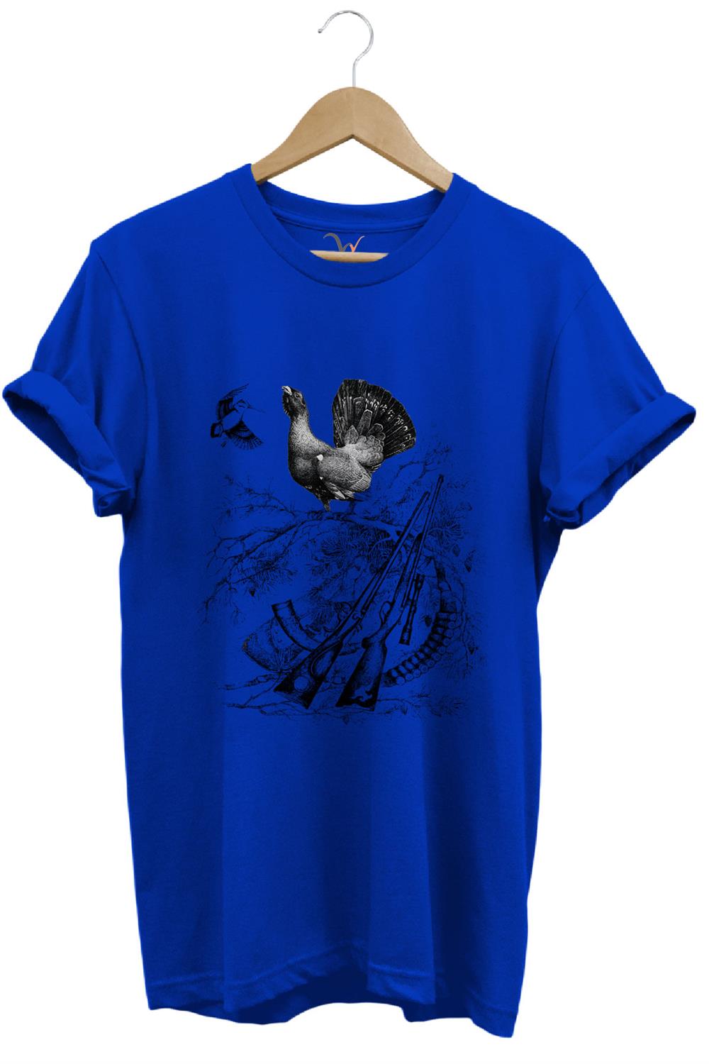 Avcılık Hunter Keklik Kuşu Ve Orman Tavuğu Baskılı Vahşi Yaşam Doğa Regular Fit %100 Pamuk T-Shirt - Mavi