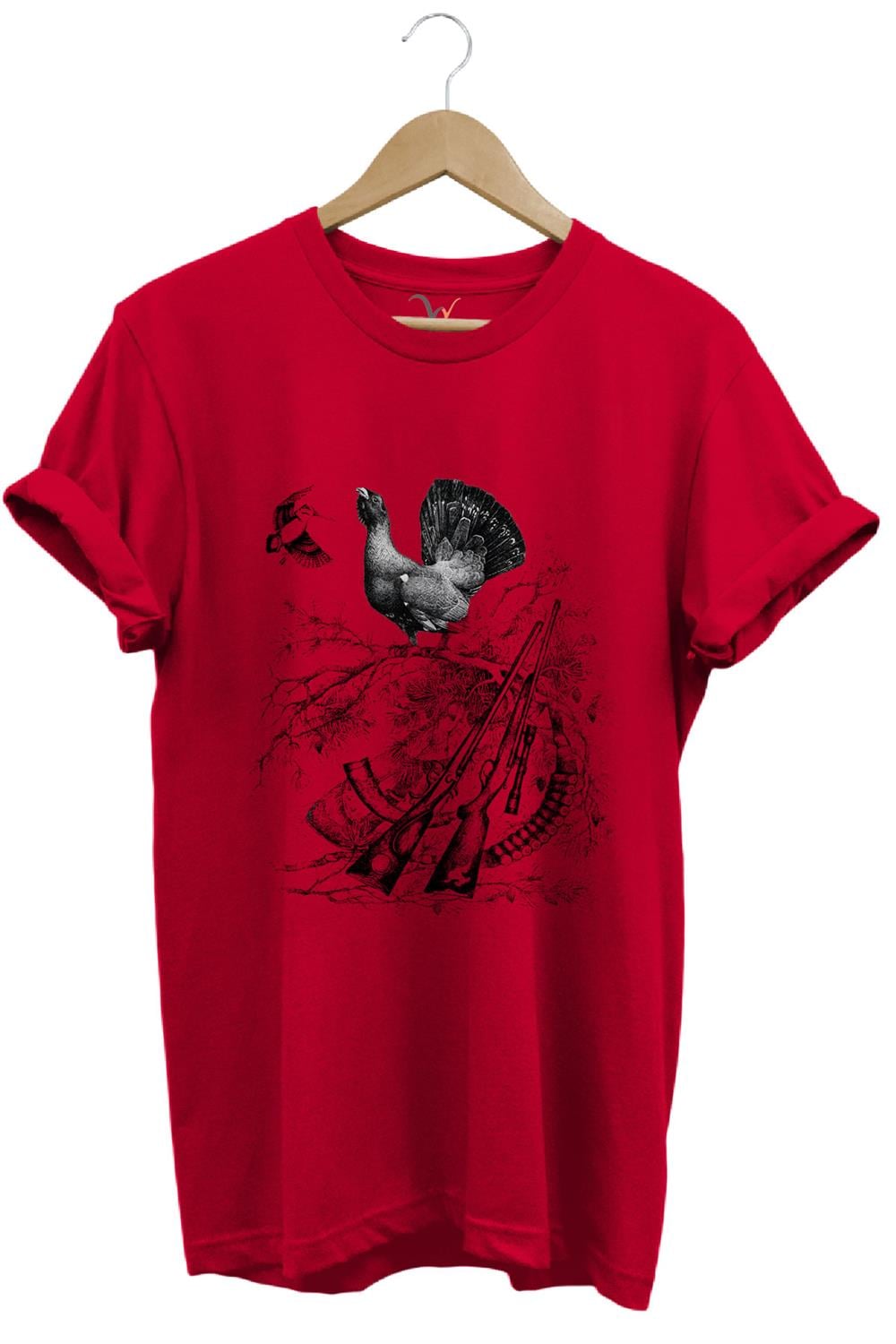Avcılık Hunter Keklik Kuşu Ve Orman Tavuğu Baskılı Vahşi Yaşam Doğa Regular Fit %100 Pamuk T-Shirt - Kırmızı