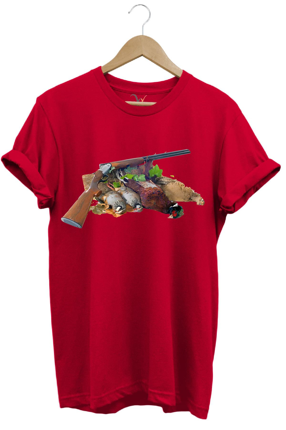 Avcılık Hunter Keklikler Keklik Kuşu Avcılığı Tüfek ve Fişek Baskılı  %100 Pamuk Regular Fit T-Shirt - Kırmızı
