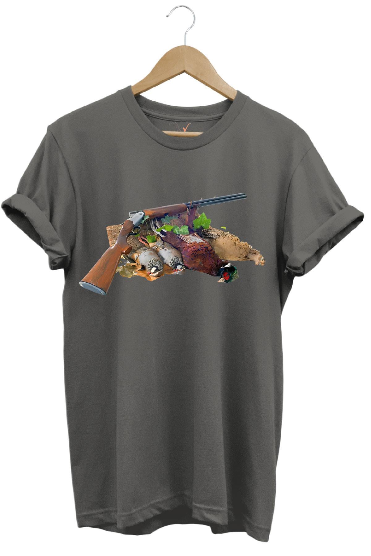 Avcılık Hunter Keklikler Keklik Kuşu Avcılığı Tüfek ve Fişek Baskılı  %100 Pamuk Regular Fit T-Shirt - Antrasit