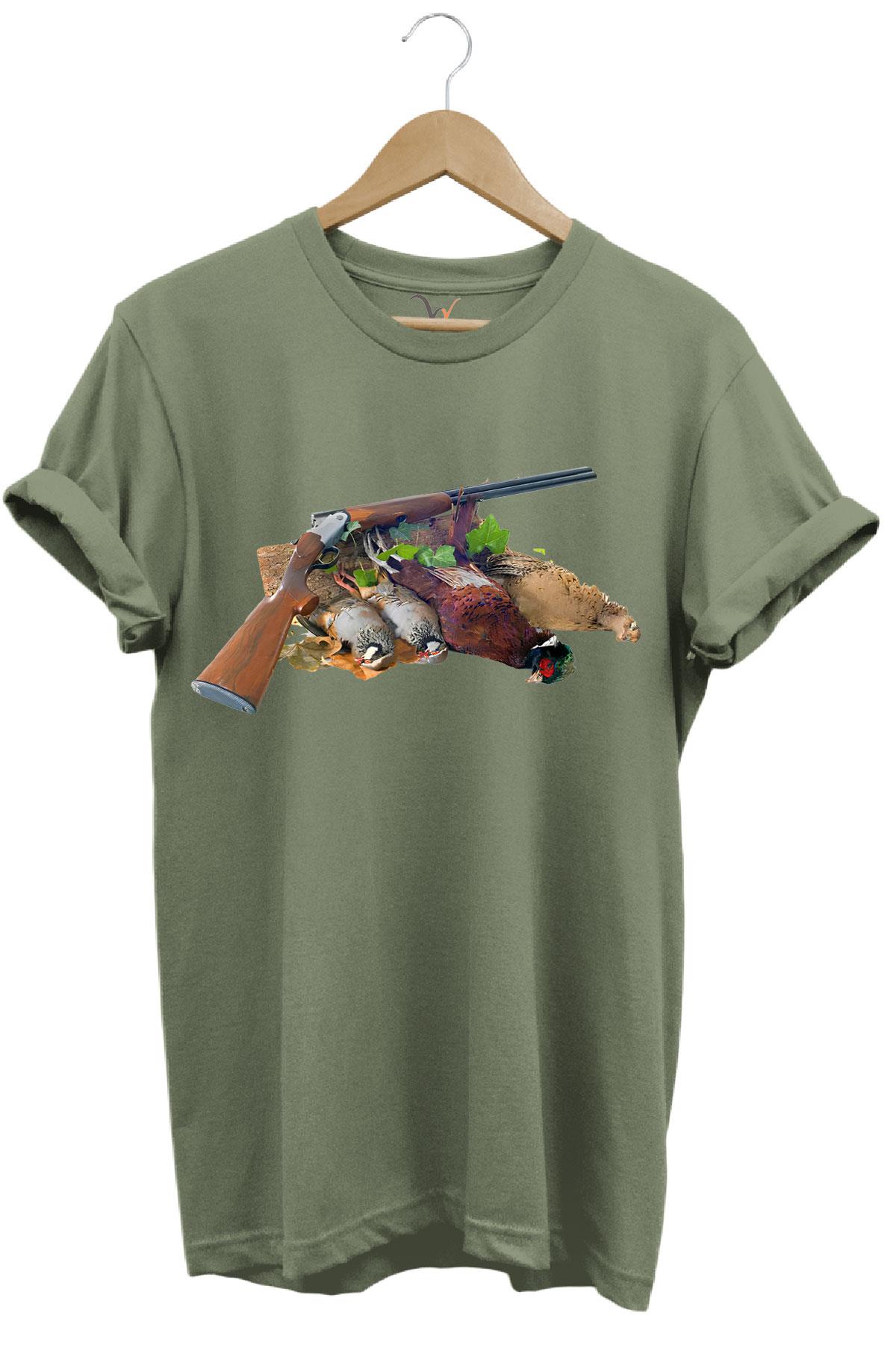 Avcılık Hunter Keklikler Keklik Kuşu Avcılığı Tüfek ve Fişek Baskılı  %100 Pamuk Regular Fit T-Shirt - Haki