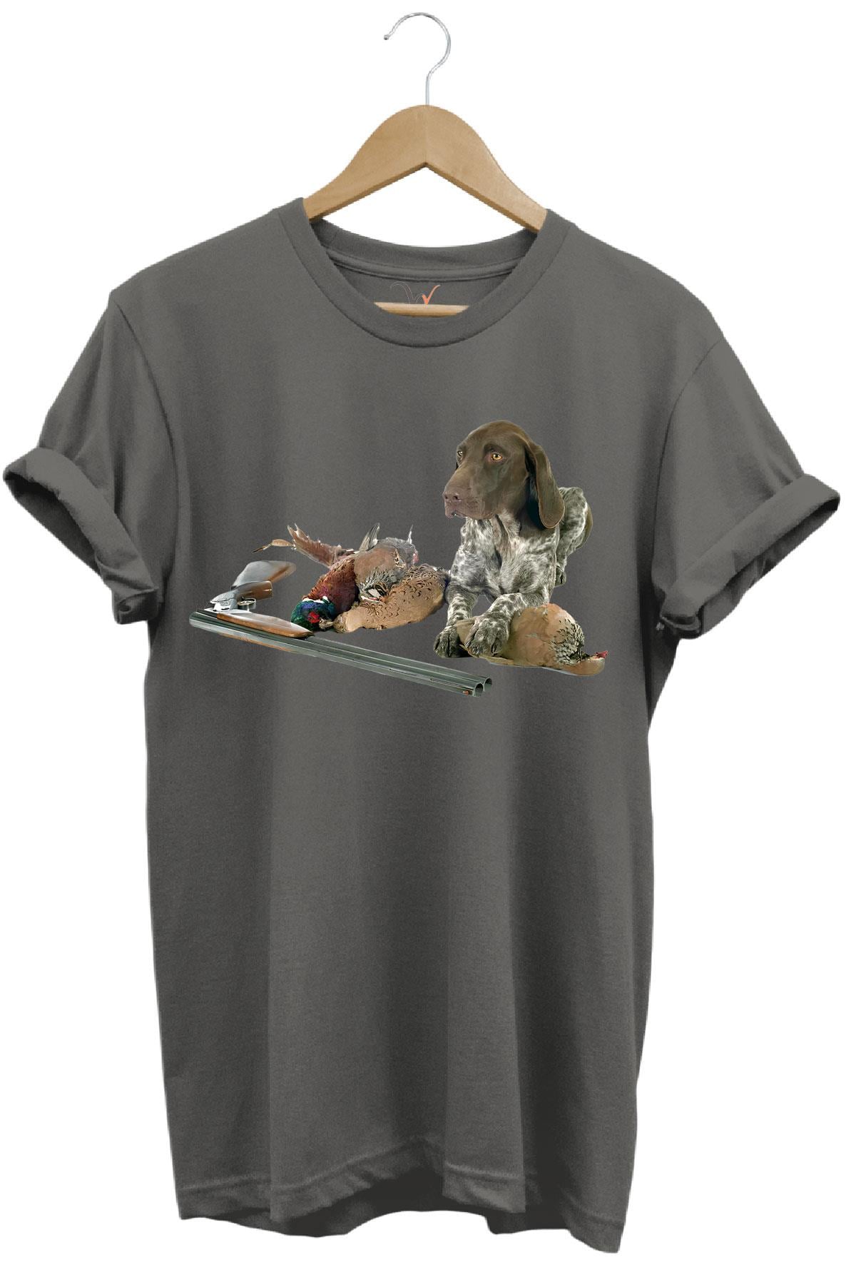 Avcılık Hunter Kurzhaar Av Köpeği ve Keklik Avcılığı Baskılı Regular Fit %100 Pamuk T-Shirt - Antrasit