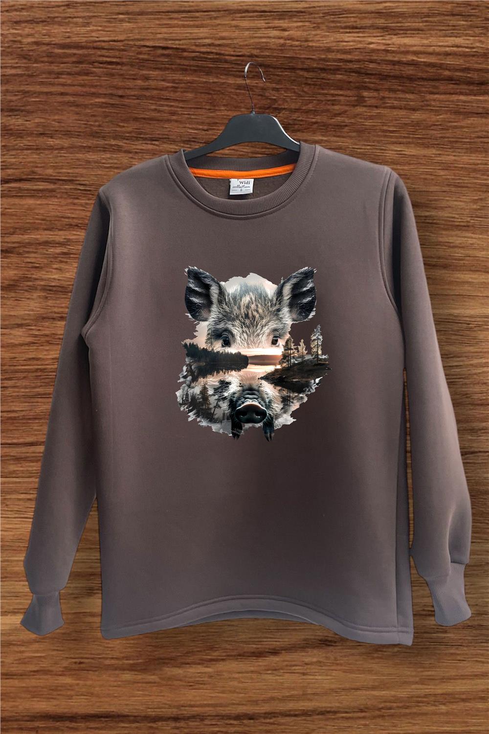 Avcılık Hunter Renkli Domuz Baskılı Bisiklet Yaka Sweatshirt - Kahverengi