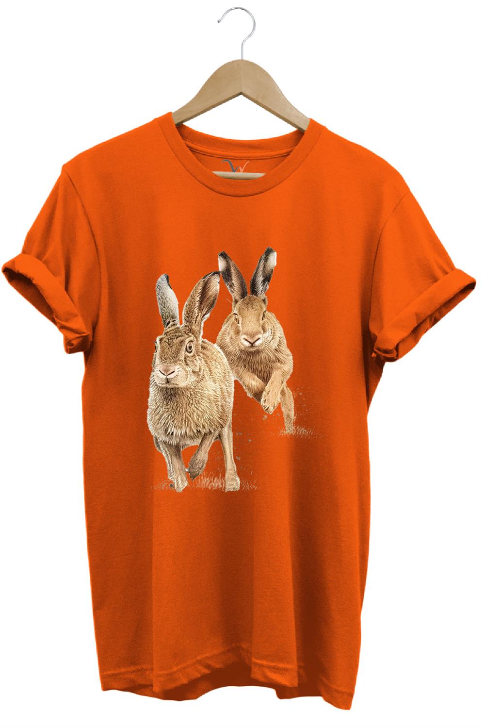 Avcılık Hunter Tavşan Avı Baskılı %100 Pamuk Regular Fit T-Shirt - Turuncu