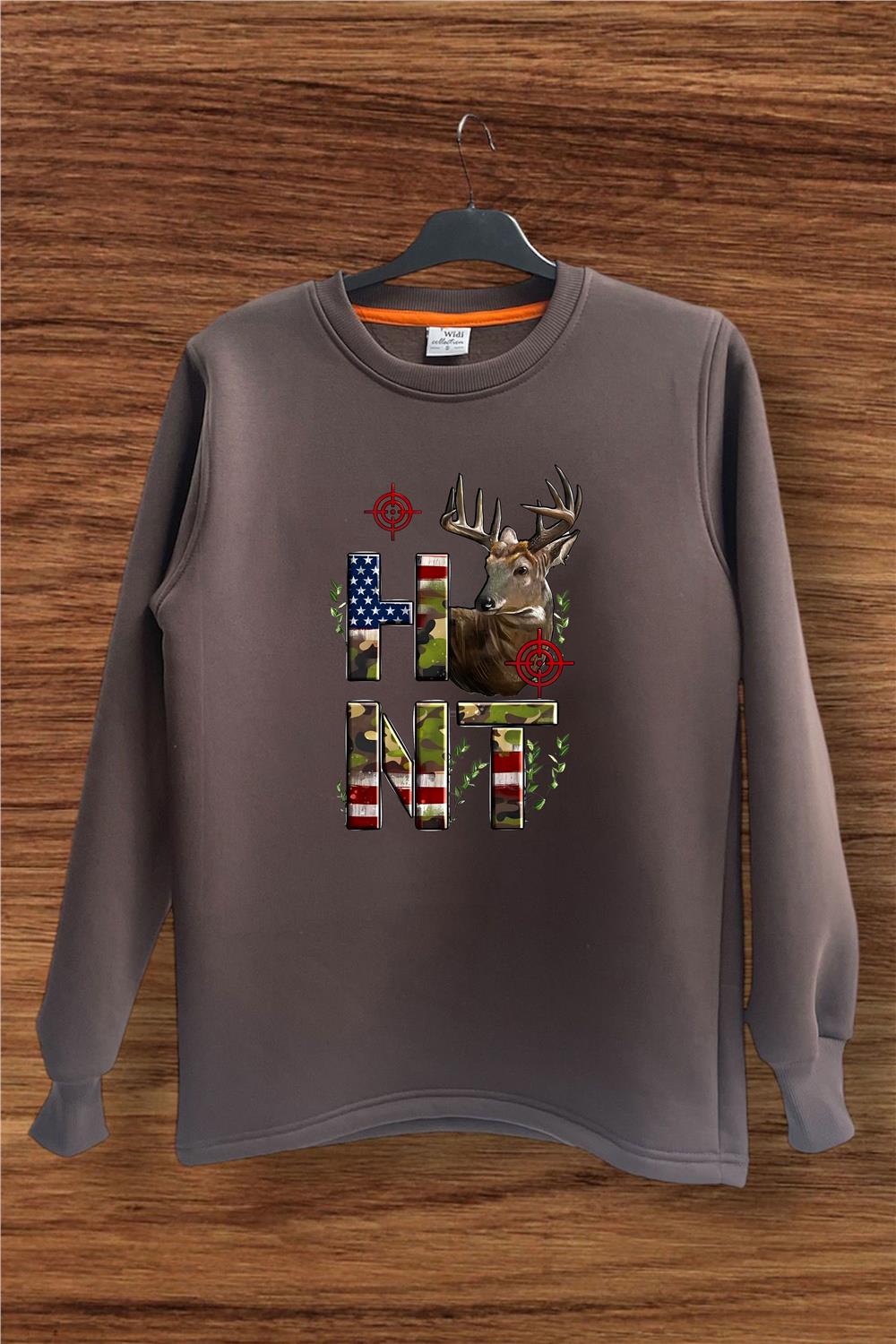 Avcılık Hunting Kamuflaj Renkte Hunt Yazısı Nişan Ve Geyik Baskılı Bisiklet Yaka Sweatshirt - Kahverengi