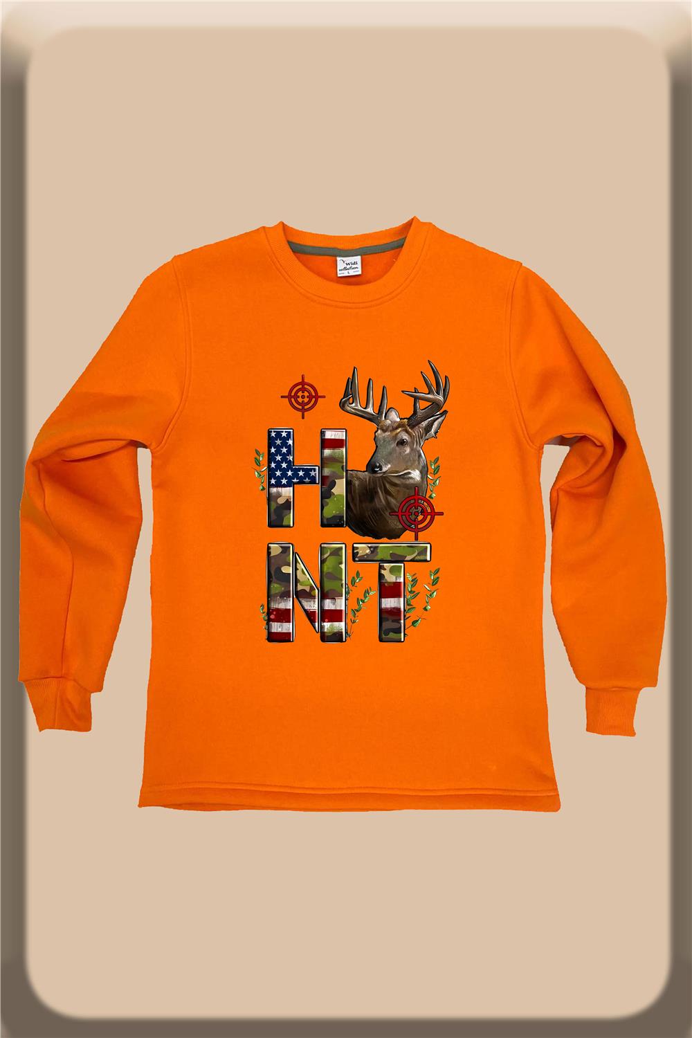 Avcılık Hunting Kamuflaj Renkte Hunt Yazısı Nişan Ve Geyik Baskılı Bisiklet Yaka Sweatshirt - Turuncu