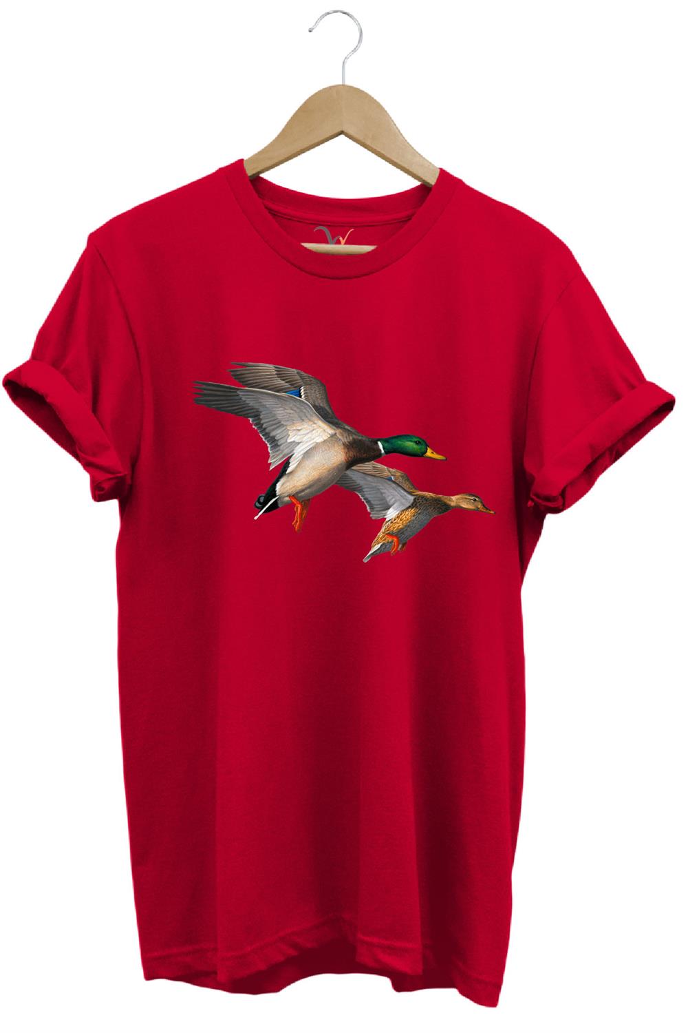 Avcılık Hunting Ördek Avı Baskılı %100 Pamuk Regular Fit T-Shirt - Kırmızı
