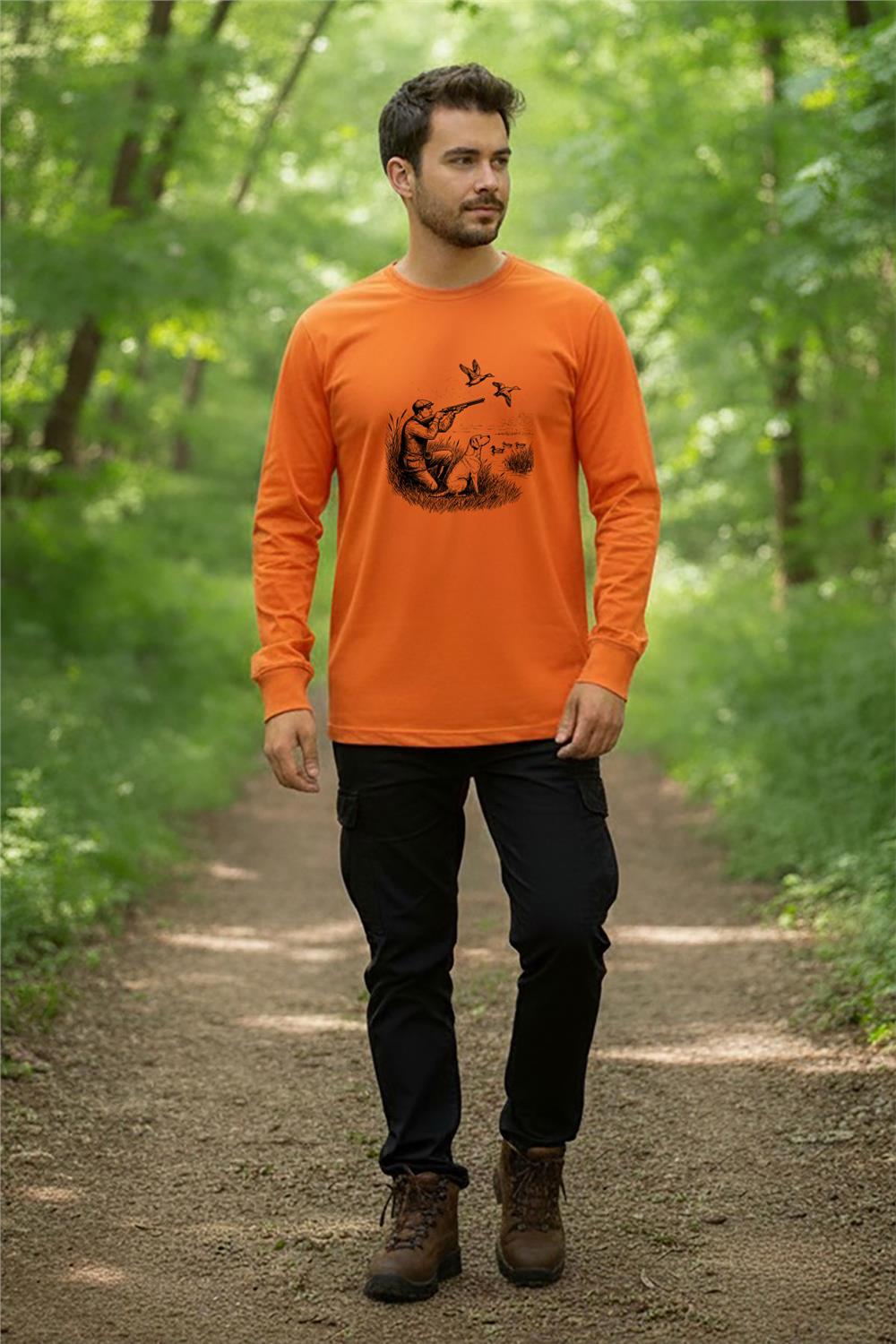 Avcılık Hunting Ördek Avı Baskılı Avcı Ve Av Köpeği Turuncu Bisiklet Yaka Uzun Kollu T-Shirt - Turuncu