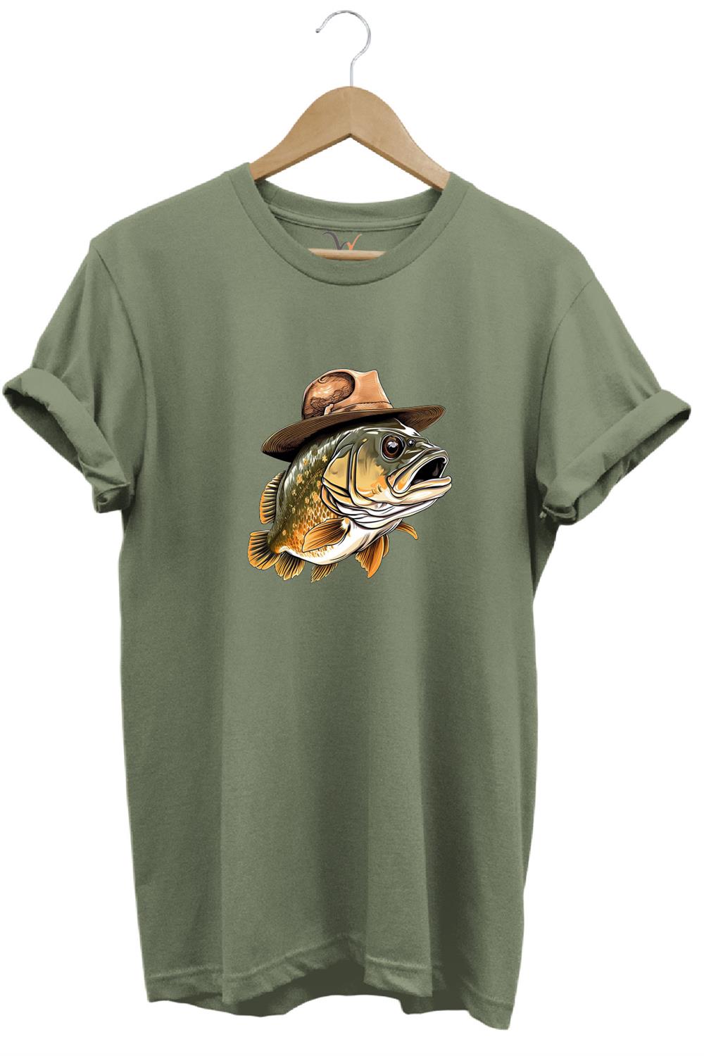 Avcılık Hunting Şapkalı Levrek Balığı Baskılı %100 Pamuk Regular Fit Bisiklet Yaka T-Shirt - Haki