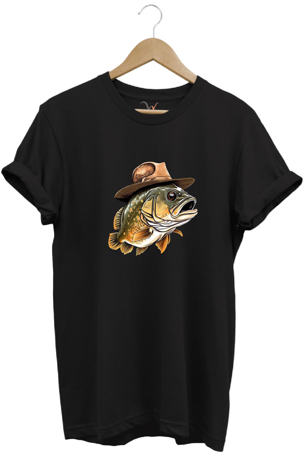 Avcılık Hunting Şapkalı Levrek Balığı Baskılı %100 Pamuk Regular Fit Bisiklet Yaka T-Shirt - Siyah