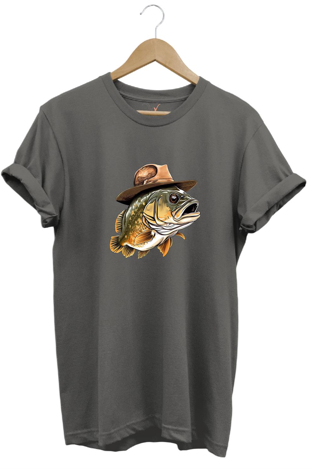 Avcılık Hunting Şapkalı Levrek Balığı Baskılı %100 Pamuk Regular Fit Bisiklet Yaka T-Shirt - Antrasit