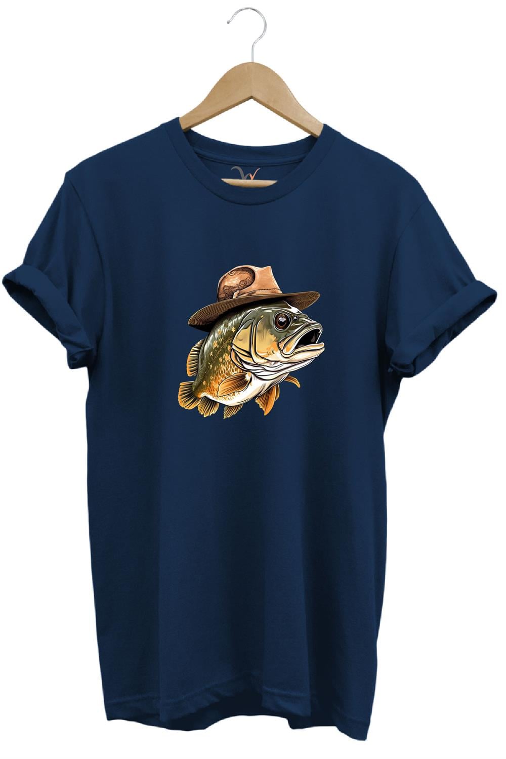 Avcılık Hunting Şapkalı Levrek Balığı Baskılı %100 Pamuk Regular Fit Bisiklet Yaka T-Shirt - Lacivert