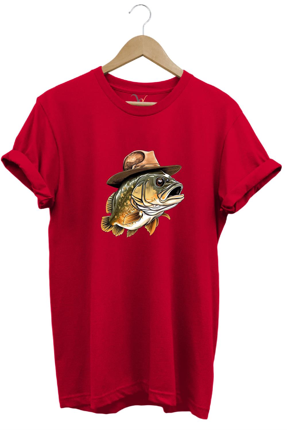 Avcılık Hunting Şapkalı Levrek Balığı Baskılı %100 Pamuk Regular Fit Bisiklet Yaka T-Shirt - Kırmızı