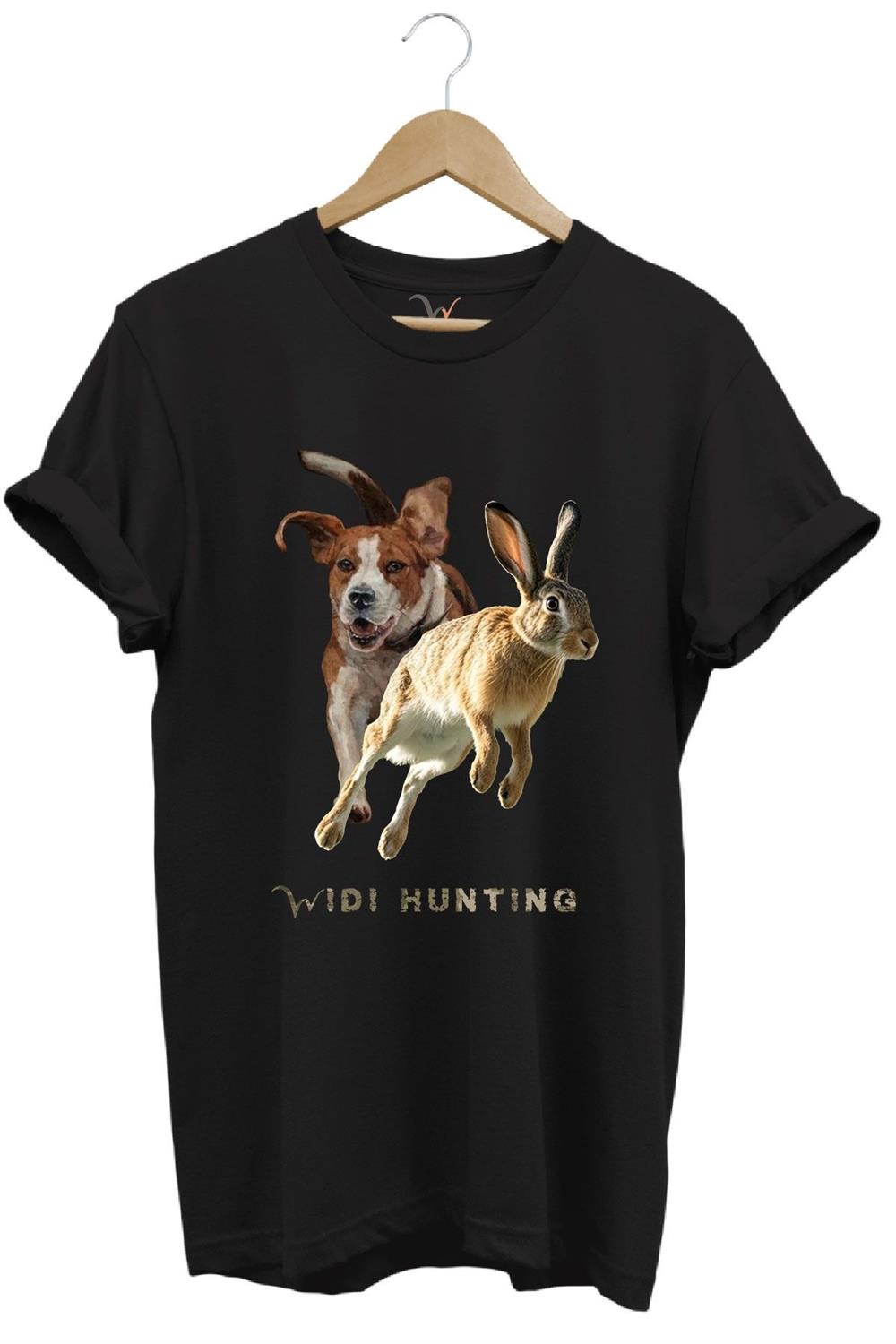 Avcılık Hunting Tavşan Avı Ve Av Köpeği Tasarım Baskılı %100 Pamuk Regular Fit Unisex T-Shirt - Siyah