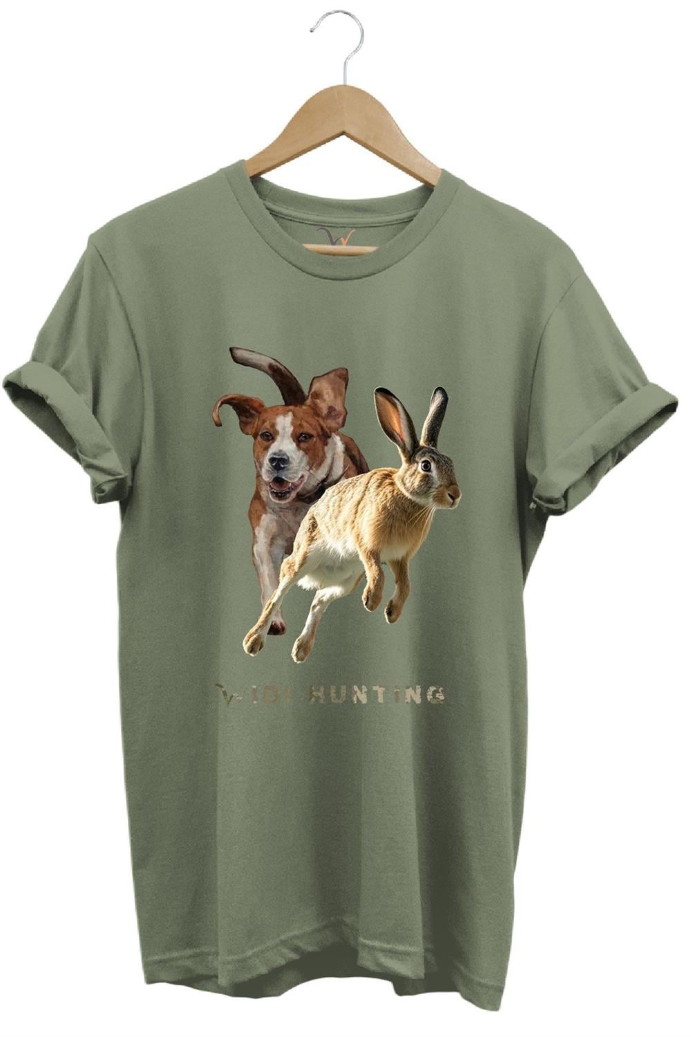 Avcılık Hunting Tavşan Avı Ve Av Köpeği Tasarım Baskılı %100 Pamuk Regular Fit Unisex T-Shirt - Haki