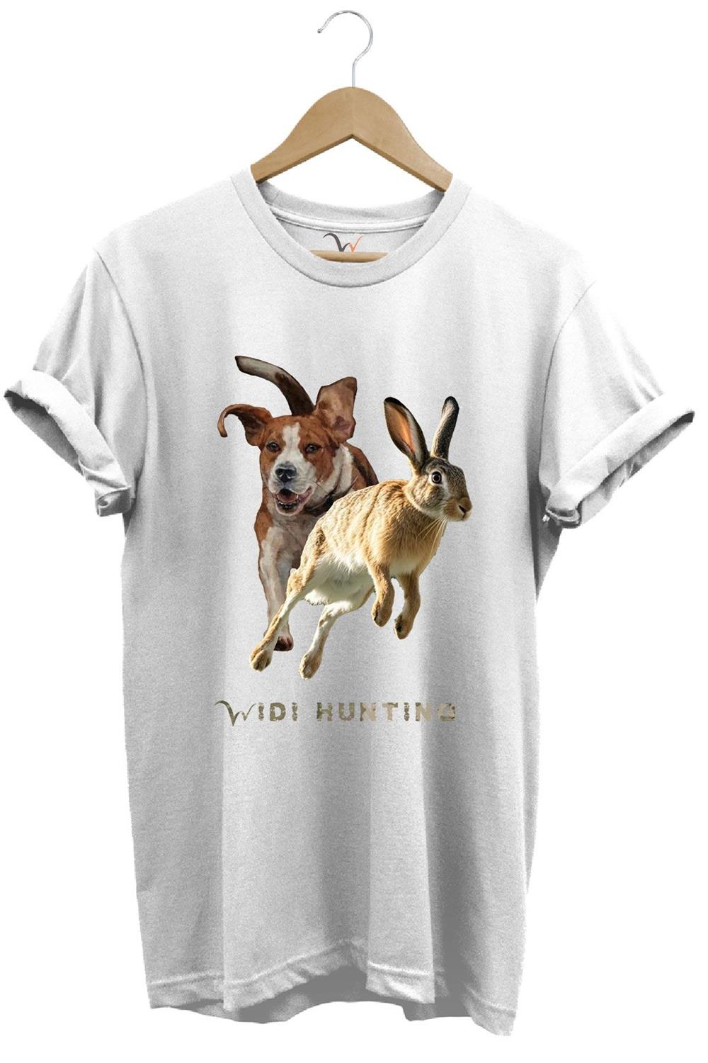 Avcılık Hunting Tavşan Avı Ve Av Köpeği Tasarım Baskılı %100 Pamuk Regular Fit Unisex T-Shirt - Beyaz