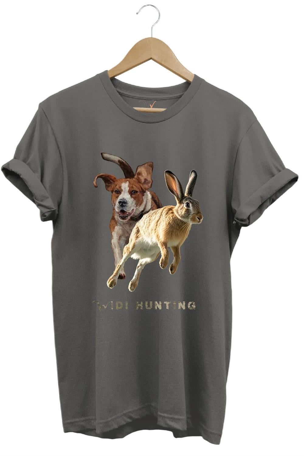 Avcılık Hunting Tavşan Avı Ve Av Köpeği Tasarım Baskılı %100 Pamuk Regular Fit Unisex T-Shirt - Antrasit