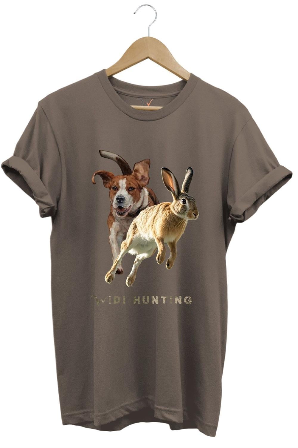 Avcılık Hunting Tavşan Avı Ve Av Köpeği Tasarım Baskılı %100 Pamuk Regular Fit Unisex T-Shirt - Kahverengi