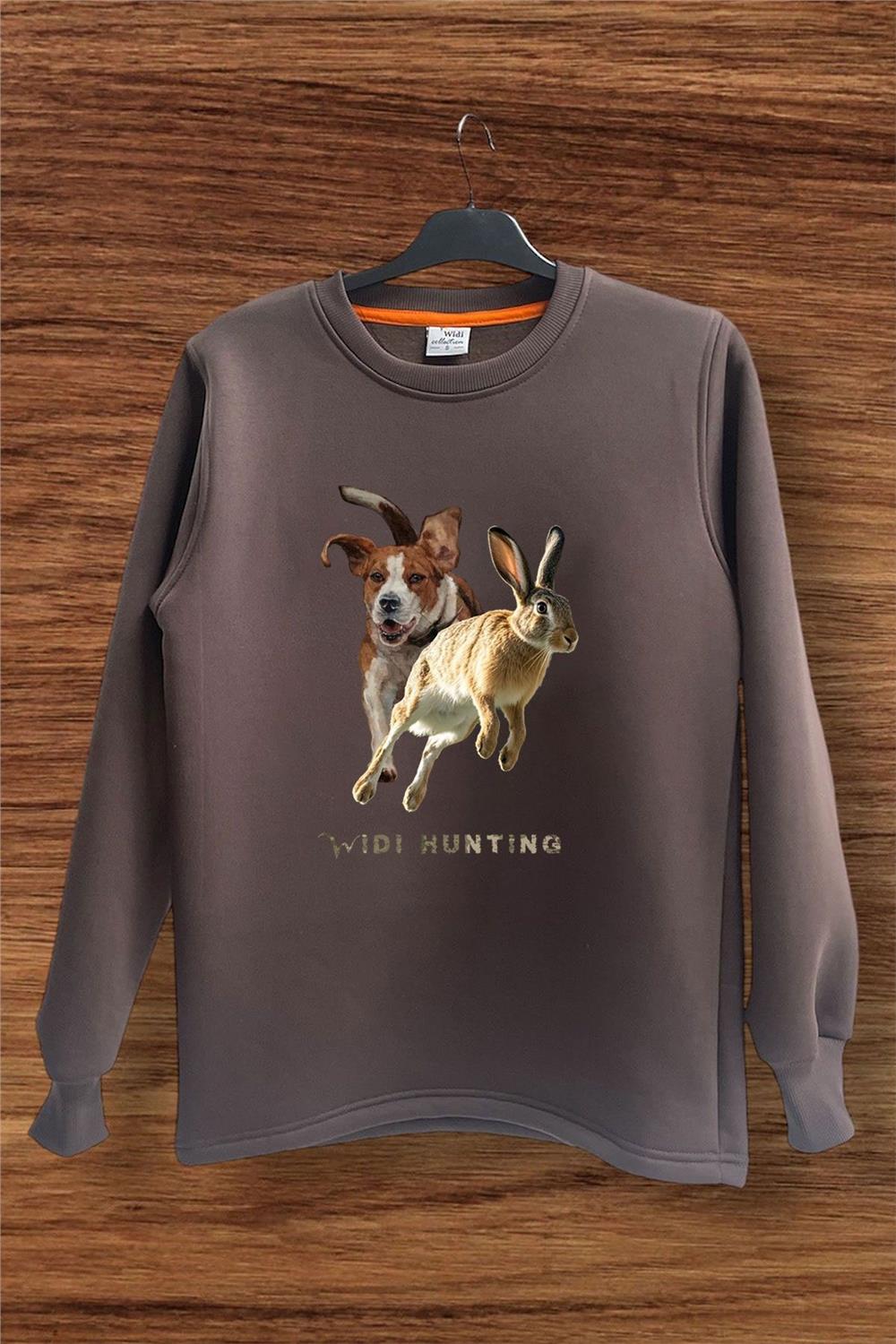 Avcılık Hunting Tavşan Avı Ve Av Köpeği Baskılı Regular Fit %100 Pamuk Bisiklet Yaka Sweatshirt - Kahverengi