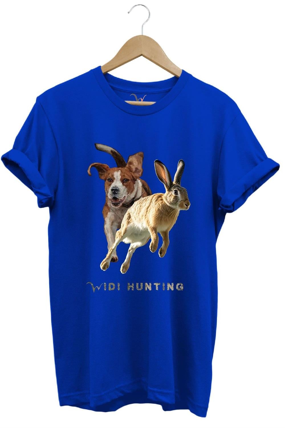 Avcılık Hunting Tavşan Avı Ve Av Köpeği Tasarım Baskılı %100 Pamuk Regular Fit Unisex T-Shirt - Mavi