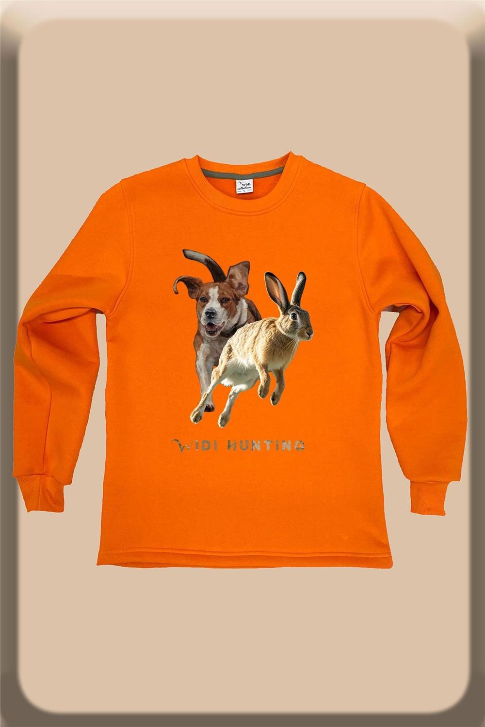 Avcılık Hunting Tavşan Avı Ve Av Köpeği Baskılı Regular Fit %100 Pamuk Bisiklet Yaka Sweatshirt - Turuncu