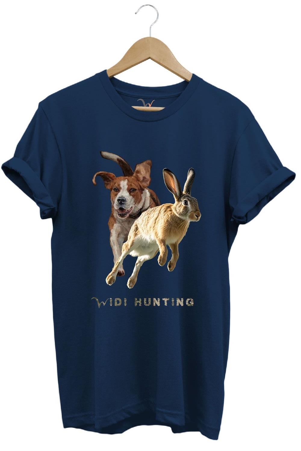 Avcılık Hunting Tavşan Avı Ve Av Köpeği Tasarım Baskılı %100 Pamuk Regular Fit Unisex T-Shirt - Lacivert