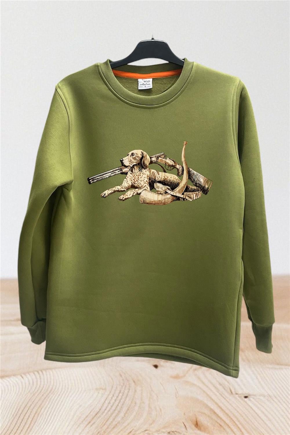 Avcılık Hunting Vahşi Yaşam Av Köpeği Setter Retriever Fişek Baskılı Bisiklet Yaka Sweatshirt - Haki