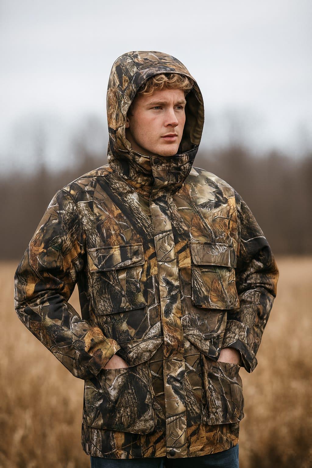 Avcılık Orman Desen Çulluk Setter Baskılı Rüzgar Su Geçirmez Çıkma Kapüşonlu -45°C Soğuk İklim Kaban