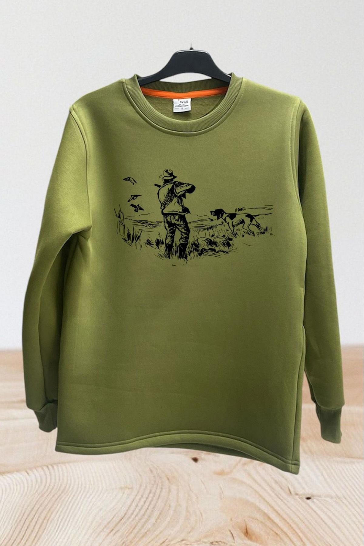 Avcılık Temalı Av Köpeği Tasarım Baskılı Setter Regular Fit Bisiklet Yaka Sweatshirt - Haki