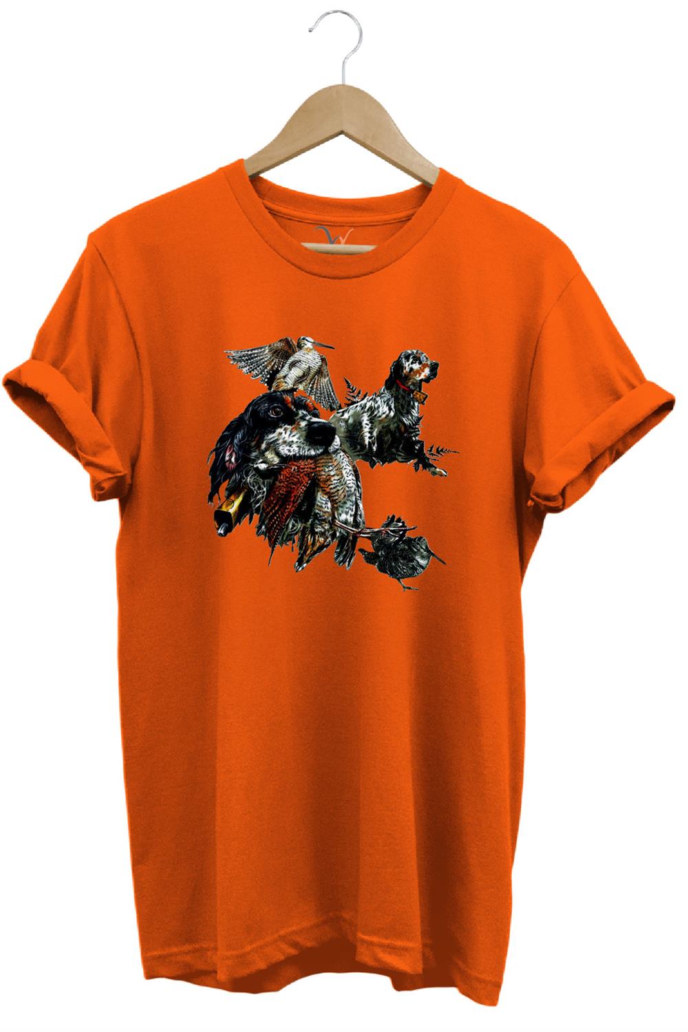 Avcılık Temalı English Setter Ve Kuş Baskılı %100 Pamuk Unisex Regular Fit T-Shirt - Turuncu